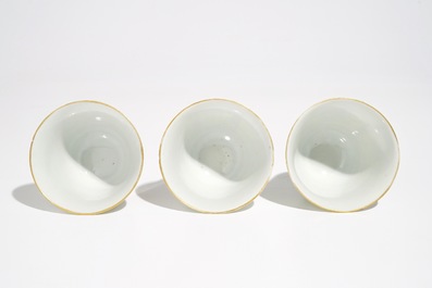 Three Chinese famille rose Wu Shuang Pu cups and saucers , 19th C.