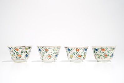 Four Chinese famille verte cups and saucers with pheasants and flowers, Kangxi