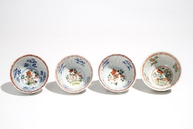 Four Chinese famille verte cups and saucers, Kangxi