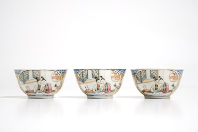 Three Chinese famille rose and gilt cups and saucers, Yongzheng/Qianlong