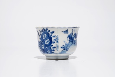 Six Chinese blue and white cups and saucers, Kangxi mark, 19th C.
