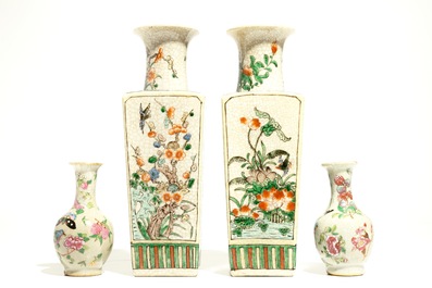 A pair of Chinese square famille verte vases and a pair of famille rose crackle-ground vases, 19/20th C.