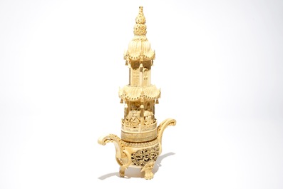 A large Chinese carved ivory incense burner and cover, 19/20th C.