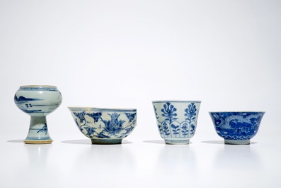 Various Chinese blue and white bowls and a cup and saucer, Ming, Kangxi and Qianlong