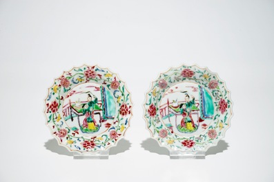 A pair of Chinese lobed famille rose cups and saucers, Yongzheng