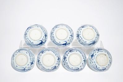 Seven Chinese blue and white phoenix bowls, Ming