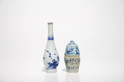 A Chinese blue and white cylindrical box and cover, a Hatcher cargo bottle vase and a saucer, Ming and Transitional period