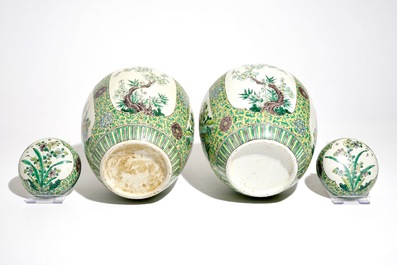 A pair of Chinese verte biscuit ginger jars and covers, 18/19th C.