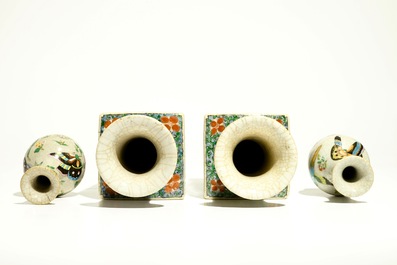 A pair of Chinese square famille verte vases and a pair of famille rose crackle-ground vases, 19/20th C.