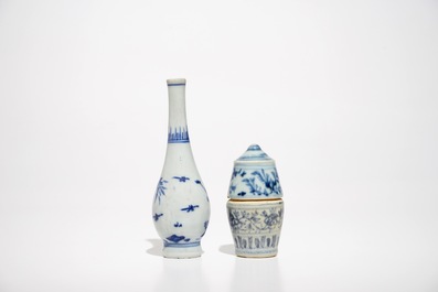 A Chinese blue and white cylindrical box and cover, a Hatcher cargo bottle vase and a saucer, Ming and Transitional period