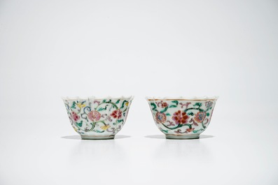 A pair of Chinese lobed famille rose cups and saucers, Yongzheng