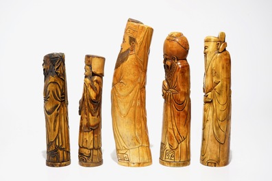 Five Chinese ivory models of immortals, 19/20th C.