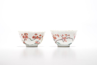 A pair of Chinese lobed famille rose cups and saucers with Magu, Yongzheng