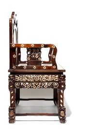 A Chinese Peranakan or Nyonya mother of pearl and marble inset hongmu chair, 19th C.