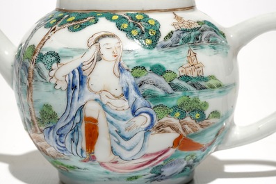 A Chinese famille rose teapot and cover with erotical design, Qianlong