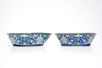 A Chinese polychrome blue-ground sweetmeat or rice table set, 19th C.