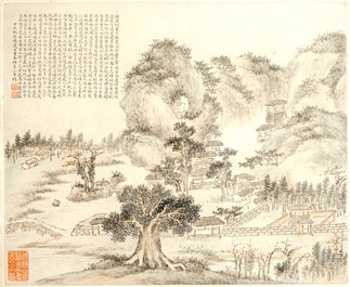 Twee ingelijste Chinese schilderijen van een landschap en een vogel op tak, 18/19e eeuw