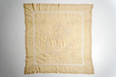 A square Chinese embroidered silk shawl with a dragon, late Qing