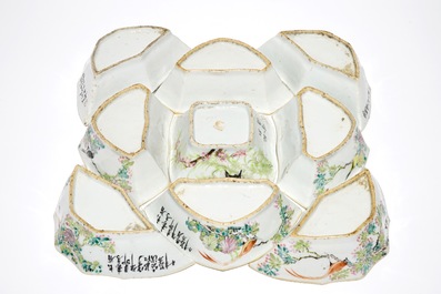 A Chinese qianjiang cai sweetmeat or rice table set with birds among flowers, 19th C.