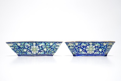 A Chinese polychrome blue-ground sweetmeat or rice table set, 19th C.