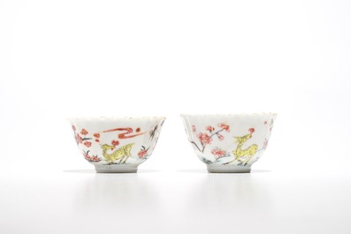 A pair of Chinese lobed famille rose cups and saucers with Magu, Yongzheng