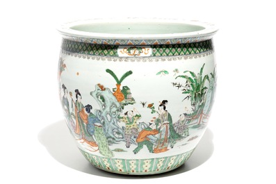A Chinese famille verte fish bowl with figural design, 19th C.