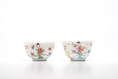 A pair of Chinese lobed famille rose cups and saucers with Magu, Yongzheng