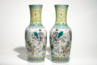 A pair of tall Chinese famille rose vases with immortals, Guangxu mark and of the period