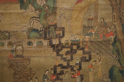 A Chinese silk scroll painting of a garden scene, signed, 18/19th C.