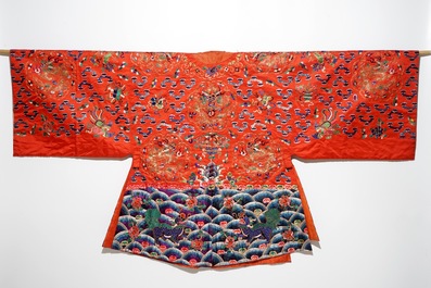 A Chinese embroidered red silk robe, Qing