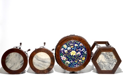 Four Chinese dreamstone and cloisonn&eacute; inset wood stands, 19/20th C.
