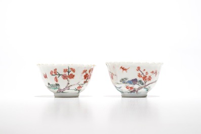 A pair of Chinese lobed famille rose cups and saucers with Magu, Yongzheng