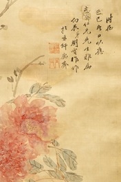 A Chinese silk painting depicting peony flowers, 19th C.