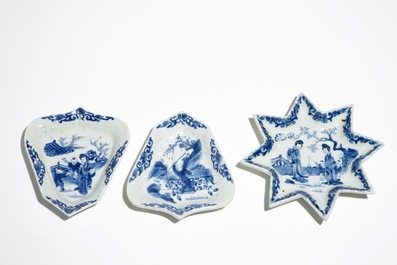 A Chinese blue and white sweetmeat or rice table set with figural design, Kangxi