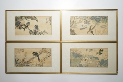 A set of four Chinese watercolours with birds among flowering branches and calligraphy, framed, 19th C.