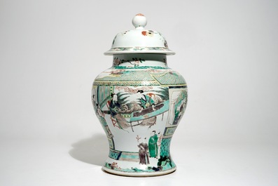 A Chinese Kangxi-style famille verte vase and cover, 19/20th C.