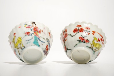 A pair of Chinese lobed famille rose cups and saucers with Magu, Yongzheng