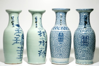 Two pairs of Chinese blue and white vases, one on celadon-ground, 19th C.