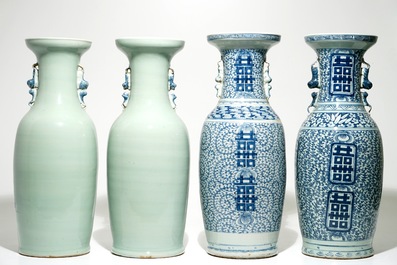 Two pairs of Chinese blue and white vases, one on celadon-ground, 19th C.