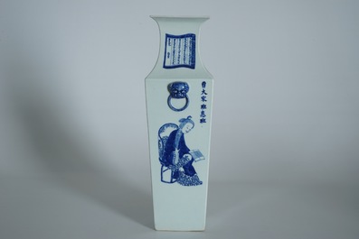 A Chinese square blue and white Wu Shuang Pu vase, 19th C.