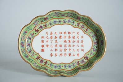 A Chinese lime green-ground famille rose calligraphy tea tray, Jiaqing mark, 19/20th C.