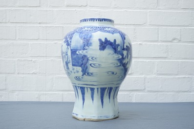 A Chinese blue and white baluster vase with figural design, Transitional period