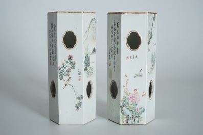 A pair of Chinese reticulated hexagonal qianjiang cai hat stands, 19/20th C.