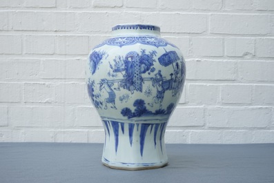 A Chinese blue and white baluster vase with figural design, Transitional period