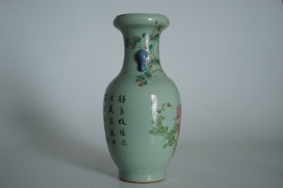 A Chinese celadon-ground qianjiang cai vase with elephant handles, 19/20th C.