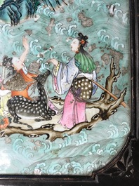 A Chinese famille rose plaque mounted as a table inset, 19th C