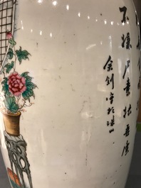 A pair of tall Chinese famille rose vases with figural design and calligraphy, 19/20th C.