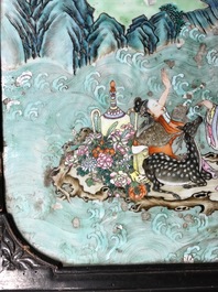 A Chinese famille rose plaque mounted as a table inset, 19th C