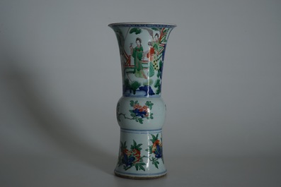 A Chinese wucai gu vase with figures, Shunzhi, Transitional period