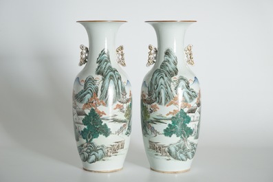 A pair of tall Chinese qianjiang cai landscape vases, 19/20th C.